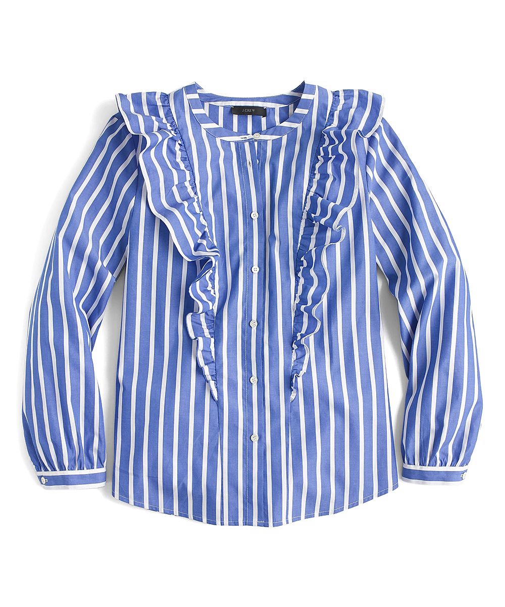 White & Blue Stripe Ruffle Button-Front Top - Women | zulily