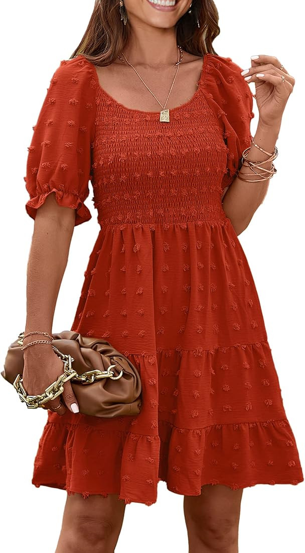 PRETTYGARDEN Women's Summer Dresses Casual Square Neck Short Puff Sleeve Swiss Dot Flowy A Line S... | Amazon (US)