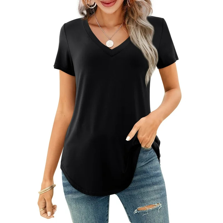 JYLFC Women T-Shirts Short Sleeve Tee V Neck Loose Tops Solid Tunic, Black XL - Walmart.com | Walmart (US)