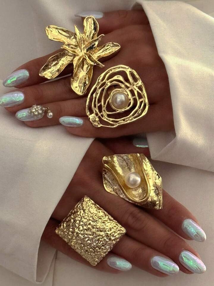 1-4pcs Vintage Trendy Exaggerated Metal Geometric Wavy Ruched Faux Pearl Rings, Asymmetrical Elli... | SHEIN