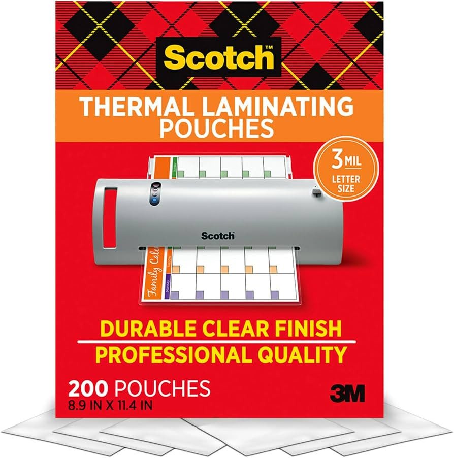 Scotch Thermal Laminating Pouches, 200 Count, Clear, 3 mil., Ideal Office or School Supplies, Fit... | Amazon (US)