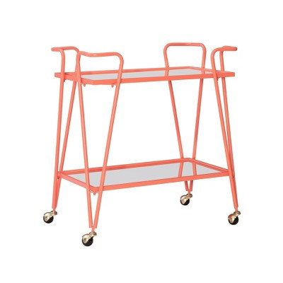 Mid-Century Modern Iron Frame 2 Mirrored Glass Shelves Locking Wheels Bar Cart Coral - Linon | Target