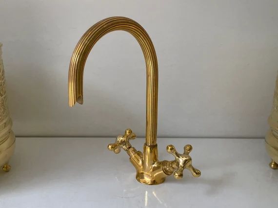 Gooseneck Bathroom Vanity Solid Brass Faucet, Unlacquered Brass with Simple Cross Handles | Etsy (US)