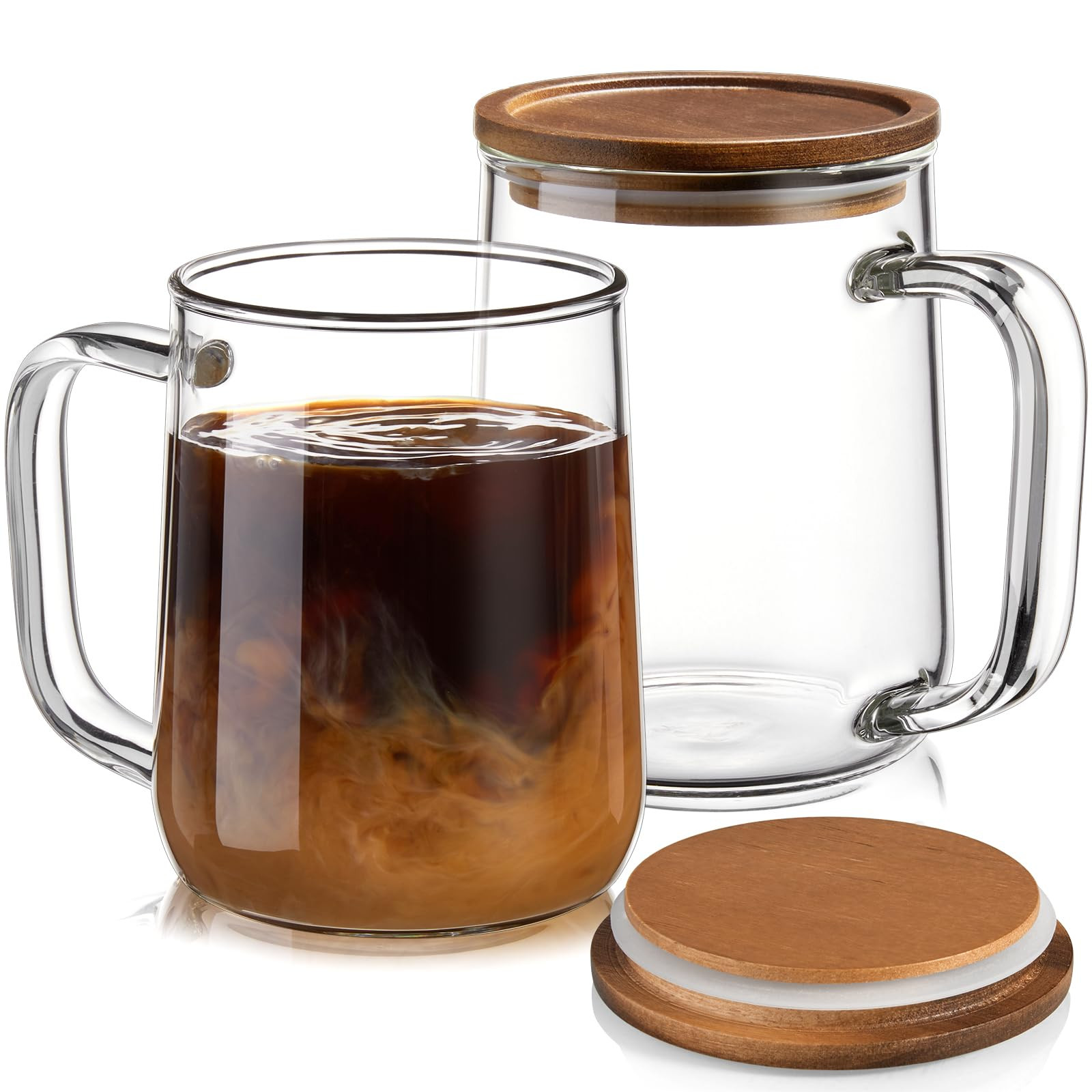 Glass Coffee Mugs, 16 oz Glass Coffee Cups with Acacia Wood Lids, Clear Borosilicate Glass Mugs w... | Amazon (US)
