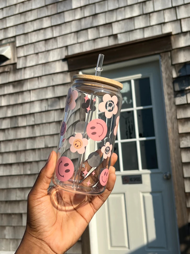 Floral Smile face, Retro Beer Glass Can, 16oz Glass Can, Glass, Iced Coffee Glass, Aesthetic Glas... | Etsy (US)