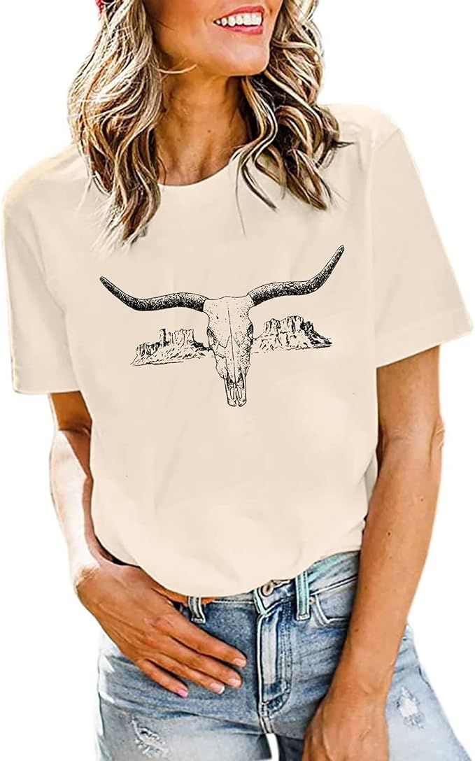 Western Cow Skull Shirt Women Funny Country Music Graphic Tees Vintage Rodeo Short Sleeve Casual ... | Amazon (US)