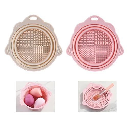 Makeup Brush Cleaner Bowl, 2 Pieces Foldable Silicone Makeup Cleaning Tools for Brushes, Sponge and Puff, Portable Make up Brush Cleaner for Travel (Pink, Gray) | Amazon (US)