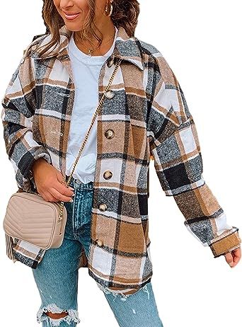 Yeokou Women's Fall Color Block Plaid Flannel Shacket Jacket Button Down Shirt Coat Tops | Amazon (US)