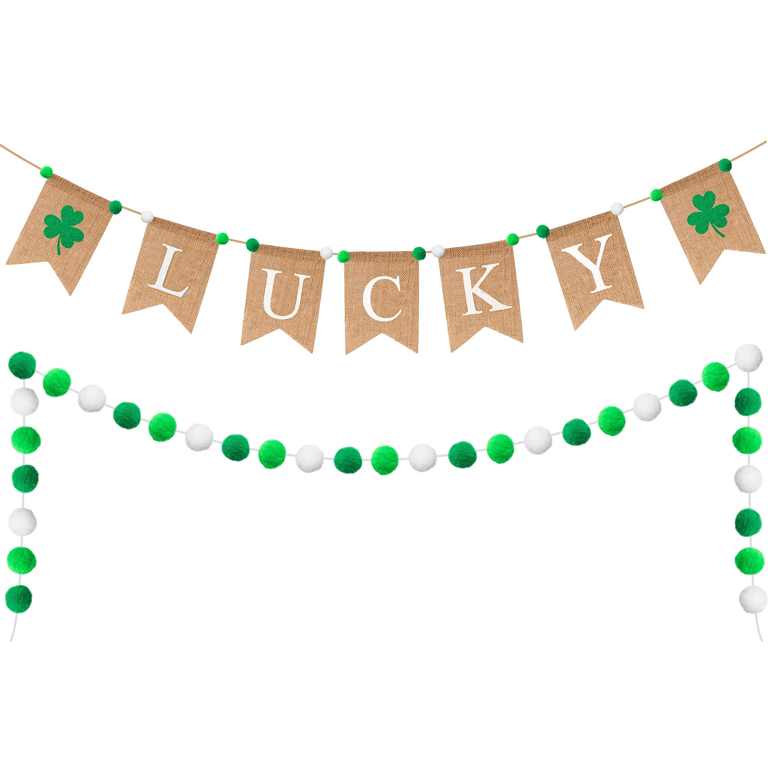 WATINC 2PCS St. Patrick's Day Burlap Banner Felt Ball Garland Set, Shamrock Bunting Pom Pom Garla... | Amazon (US)