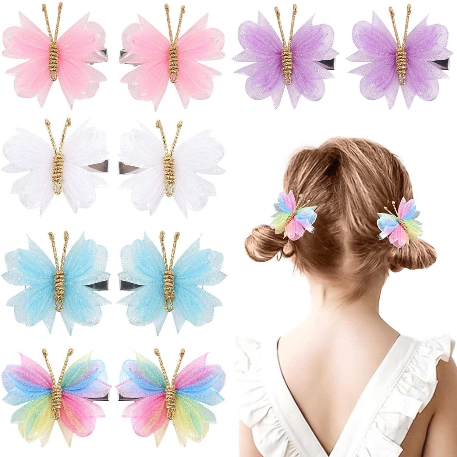 10PCS Mini Butterfly Hair Clips, Oaoleer 2" Tulle Mesh Hair Bow Pins Colorful Butterfly Hair Barr... | Amazon (US)