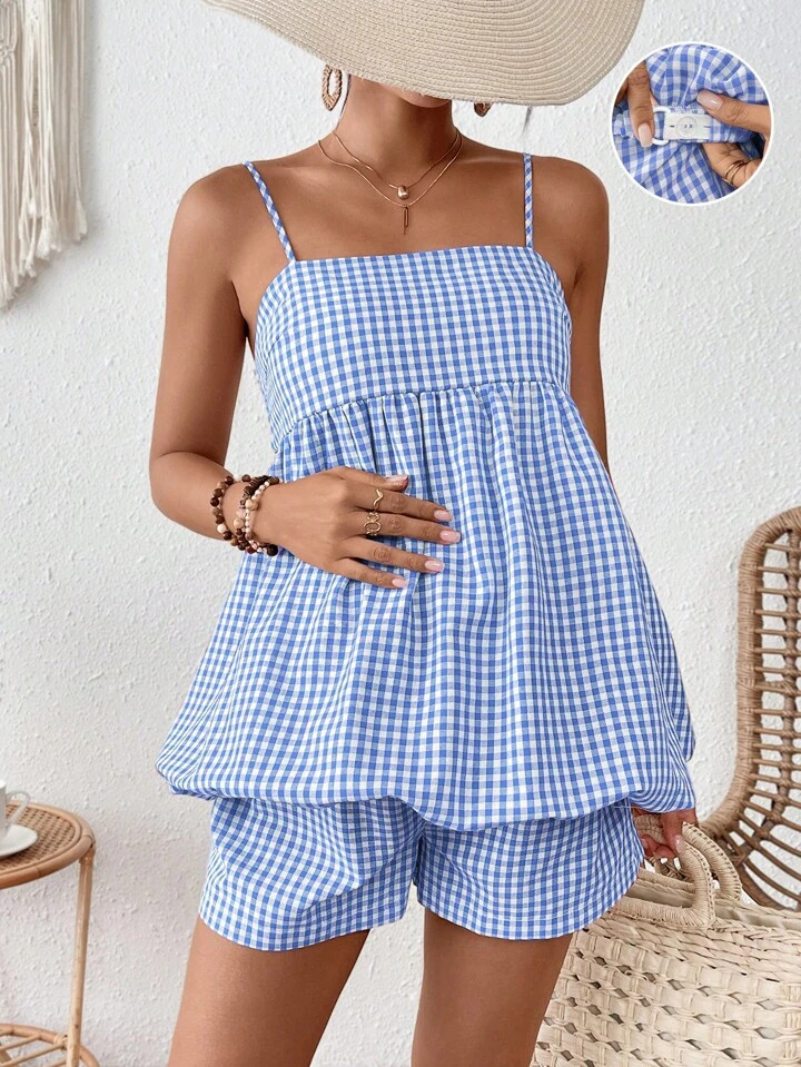 SHEIN 2pcs Maternity Outfit: Red Striped Camisole Tank Top And Adjustable Waist Wide Leg Shorts | SHEIN