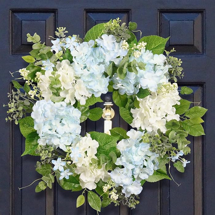 Spring Wreath Artificial Hydrangea Eucalyptus 20IN, Light Blue White Green, Spring Easter Summer ... | Amazon (US)