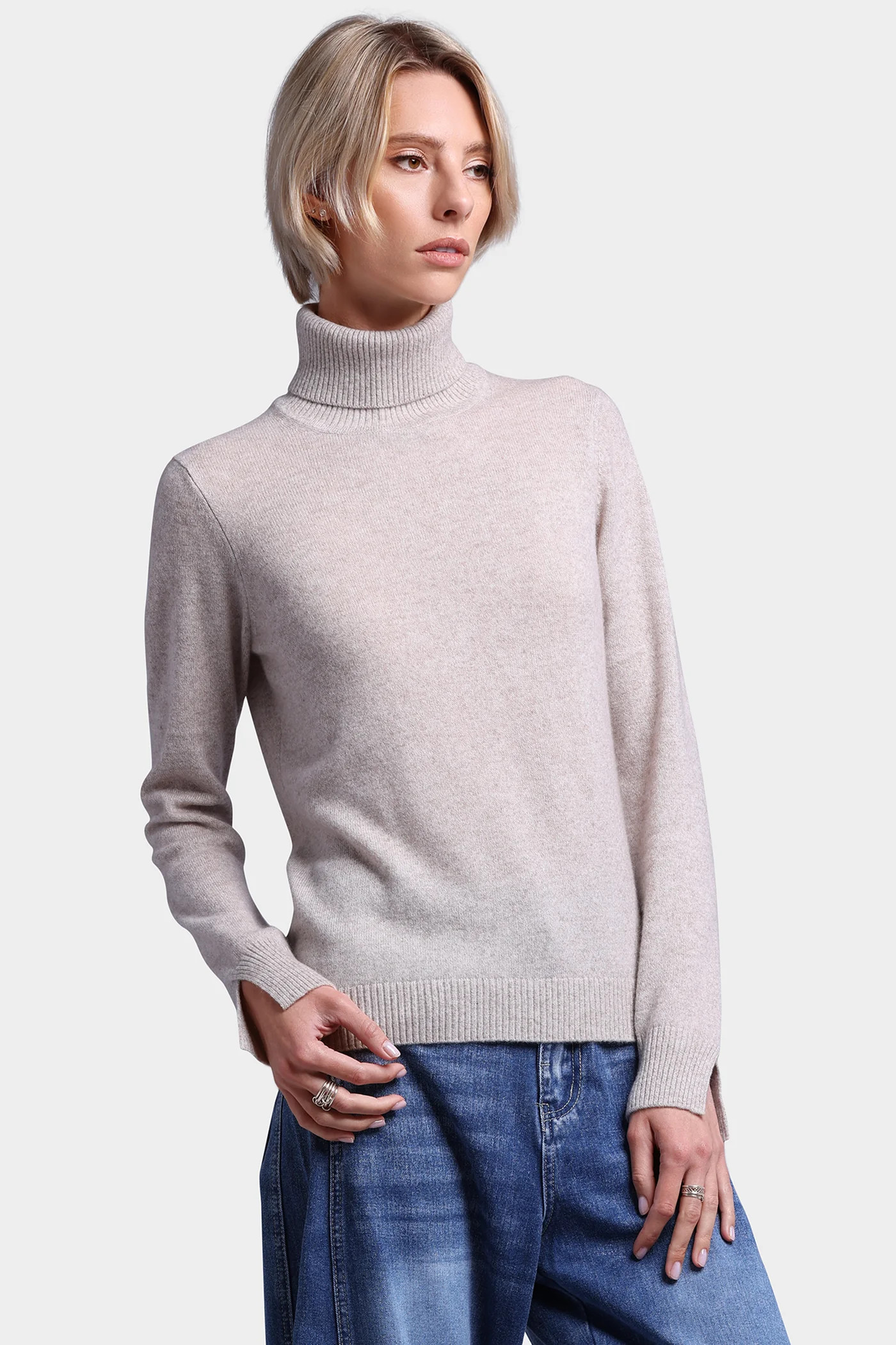 Cashmere Turtleneck Pullover w/ Slit Sleeve Detail | Minnie Rose