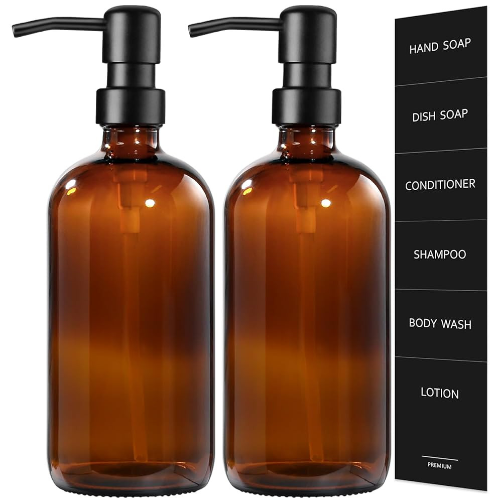 GMISUN Amber Glass Soap Dispenser, 2 Pack Bathroom Hand Soap Dispensers with Stainless Steel Pump... | Amazon (US)