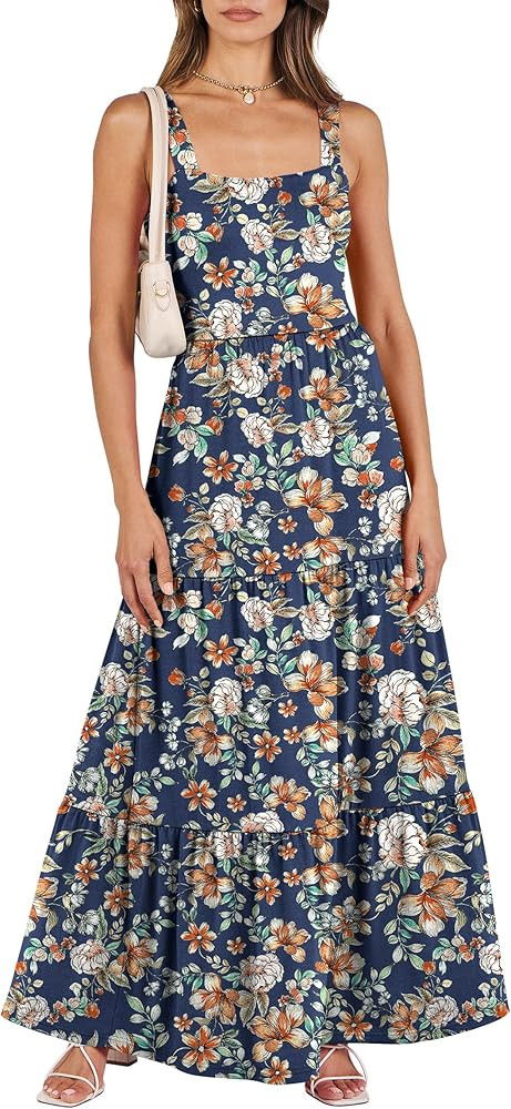 ANRABESS Women's Summer Casual Long Maxi Beach Vacation Dresses Sleeveless Square Neck Flowy Tier... | Amazon (US)
