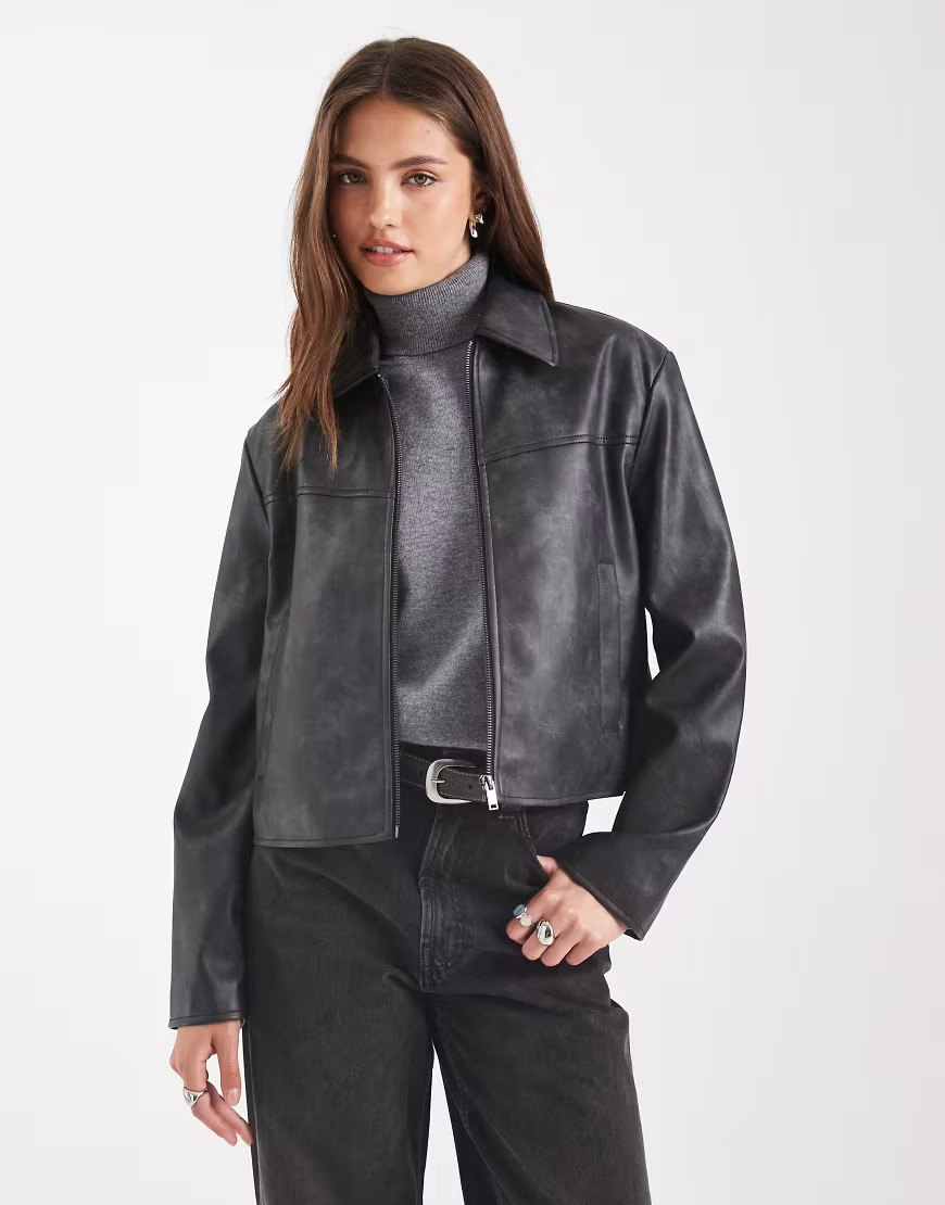 ASOS DESIGN leather look top collar jacket in washed black | ASOS (Global)