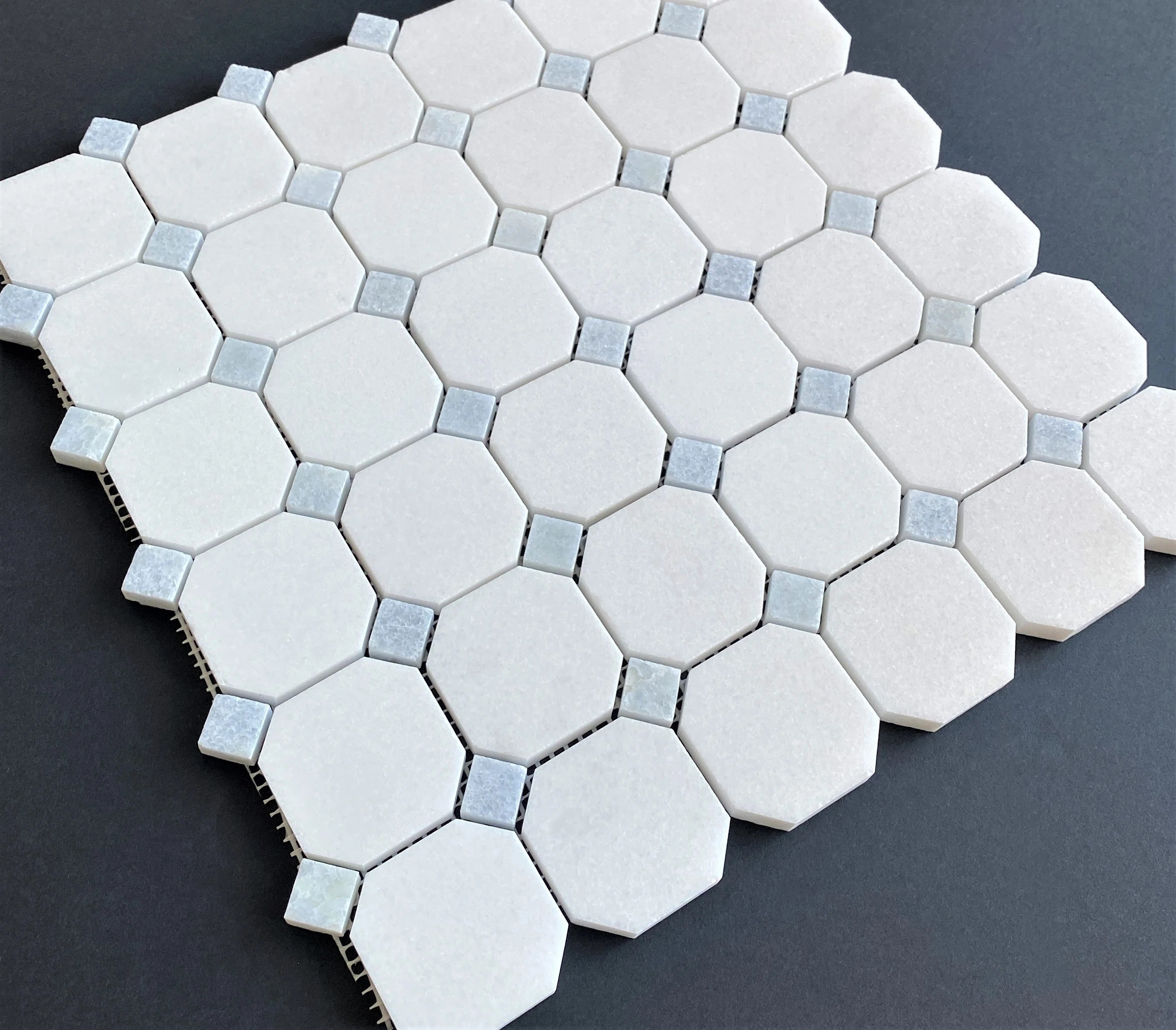 2" x 2" Thassos White Marble Ocatagon and Blue Celeste dot Moasic Floor andWall Tile | Wayfair North America