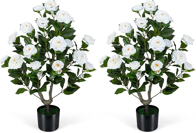 Goplus 35.5’’ Artificial Camellia Tree, Flower Plants Artificial Tree, Faux Floral Plant Bloo... | Amazon (US)