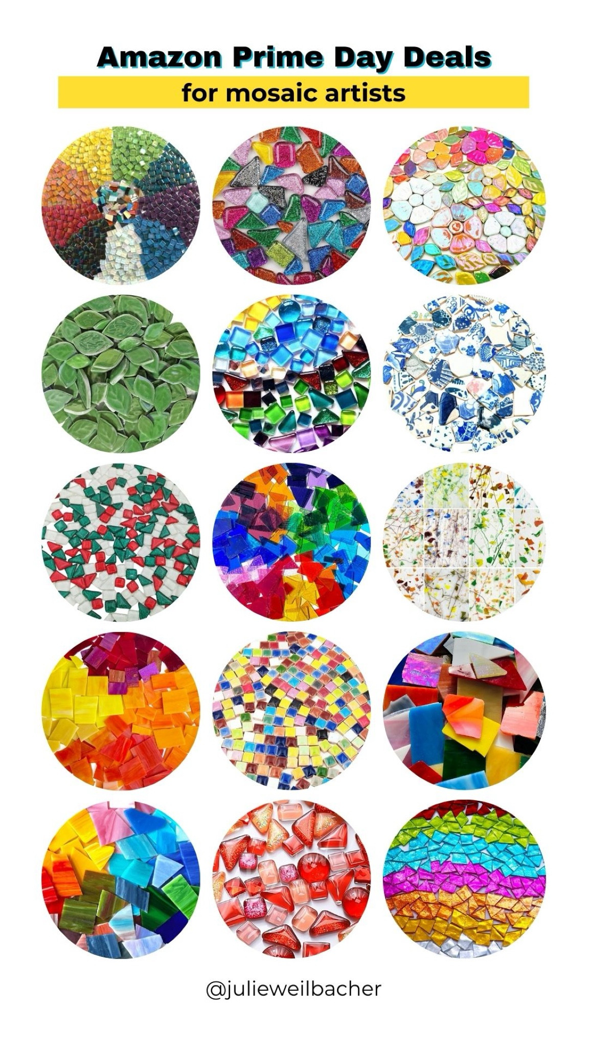Sharing Amazon Prime Day deals for mosaic artists featuring glass and ceramic tesserae. ✨ For mosaic tips, tutorials, inspiration, and so much more please visit my YouTube channel: YouTube.com/julieweilbacher. Follow @julieweilbacher on Instagram for all things mosaic art. glass tile - mosaic - stained glass - mosaic art - ceramic leaves - tile - mosaics - crafts supplies - blue and white plates - iridescent glass - Christmas glass - crafts night - glass gems - gifts for crafters - Amazon deals - ceramic tile - glitter tile - iridescent flower tilees

#LTKFindsUnder50 #LTKxPrimeDay #LTKSaleAlert