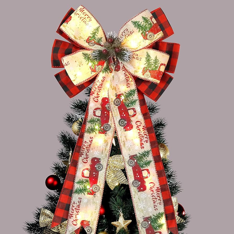 Christmas Tree Topper Bow with 30 LED Lights Decorations, 13”x25” Xmas Large Red Black Buffal... | Amazon (US)