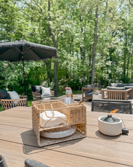 Our patio is officially ready for summer! 😍 I found some cute new outdoor finds from @walmart ! #WalmartPartner #WalmartHome Ratten serving caddy, tabletop fire pit, black fringe umbrella and the cutest wicker better homes and gardens outdoor lounge chairs! 

#LTKSeasonal #LTKHome
