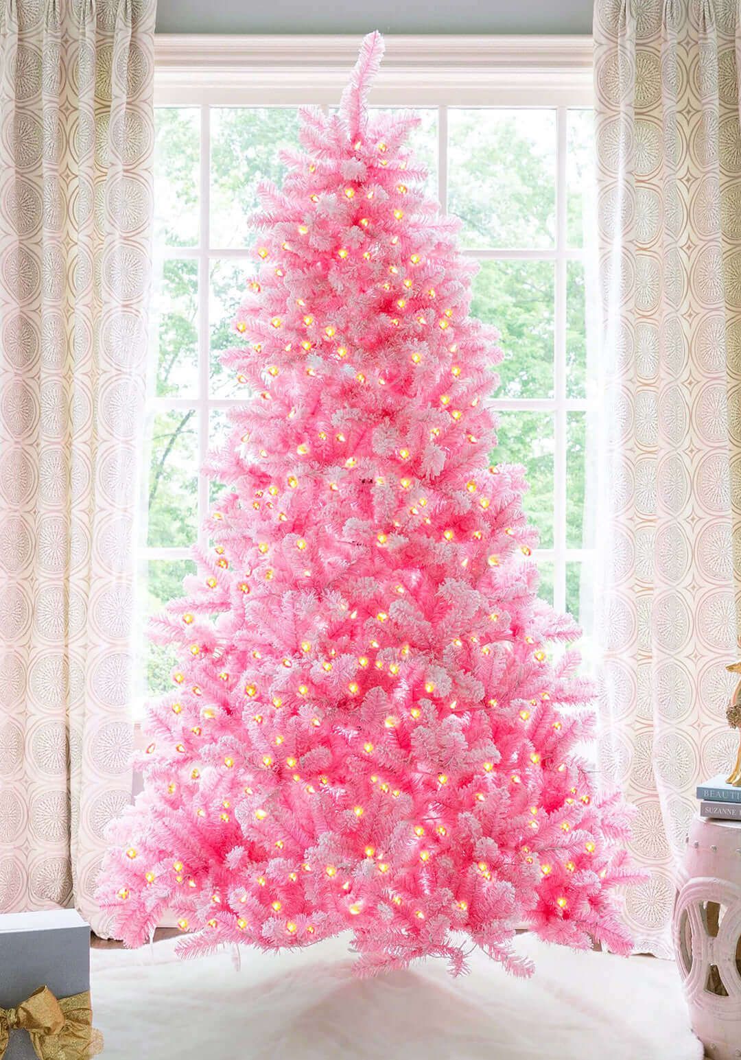6.5' Duchess Pink Flock Artificial Christmas Tree with 500 Warm White LED Lights | King of Christmas