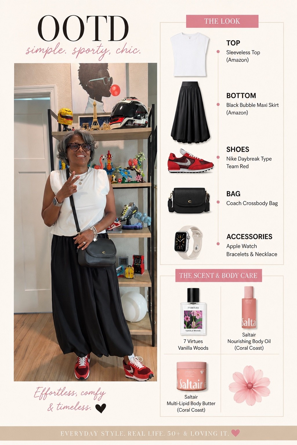 Some outfits just make you feel like you. 🤍🖤❤️

Today’s look is simple, comfortable, and finished with a pop of red from my favorite Nike Daybreaks. Add a little Vanilla Woods and Saltair Coral Coast, and I’m ready for whatever the day brings.

✨ Outfit details, sneakers, and scent are all linked in my LTK.

What’s one item you never leave the house without—your favorite sneakers, your bag, or your signature scent?

#LTKStyle #OOTD #EverydayStyle #Over50Style #CasualChic #WeekendStyle #NikeStyle #SneakerStyle #AmazonFashion #CoachBag #FragranceLover #Saltair #StyleOver50 #FashionOver50 #Tiffancy19LifeLately @amazonfindsandfashion @Nike US

#LTKootd #LTKMidsize