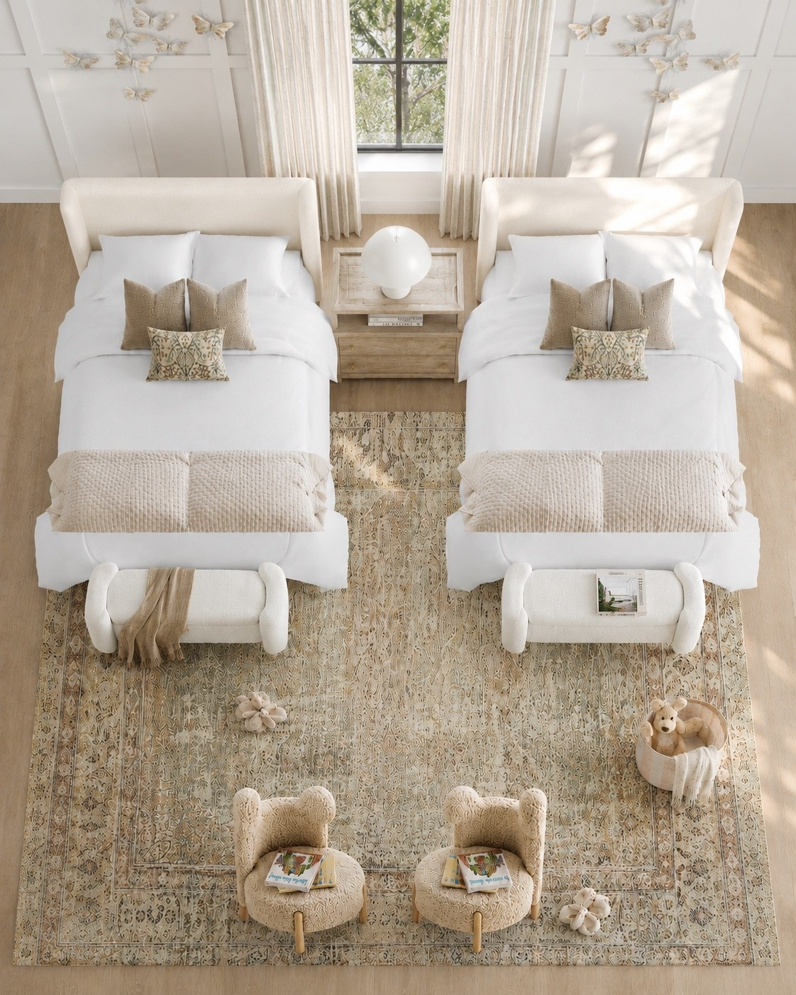 Stylish girls bedroom - furniture  and decor ideas, neutral aesthetic, twins room, shared kids bedroom, twin bedroom design ideas, wall decor, butterfly, teddy bear, kids room, upholstered bed, nightstand, area rug, white, beige, pink, greige, play chairs, dresser, heart, desk, office chair, curtains, earthy, pink, beige, white, woven pendant light, Pottery Barn style, Crate & Barrel look, Target, Walmart, Amazon home, Restoration Hardware style
