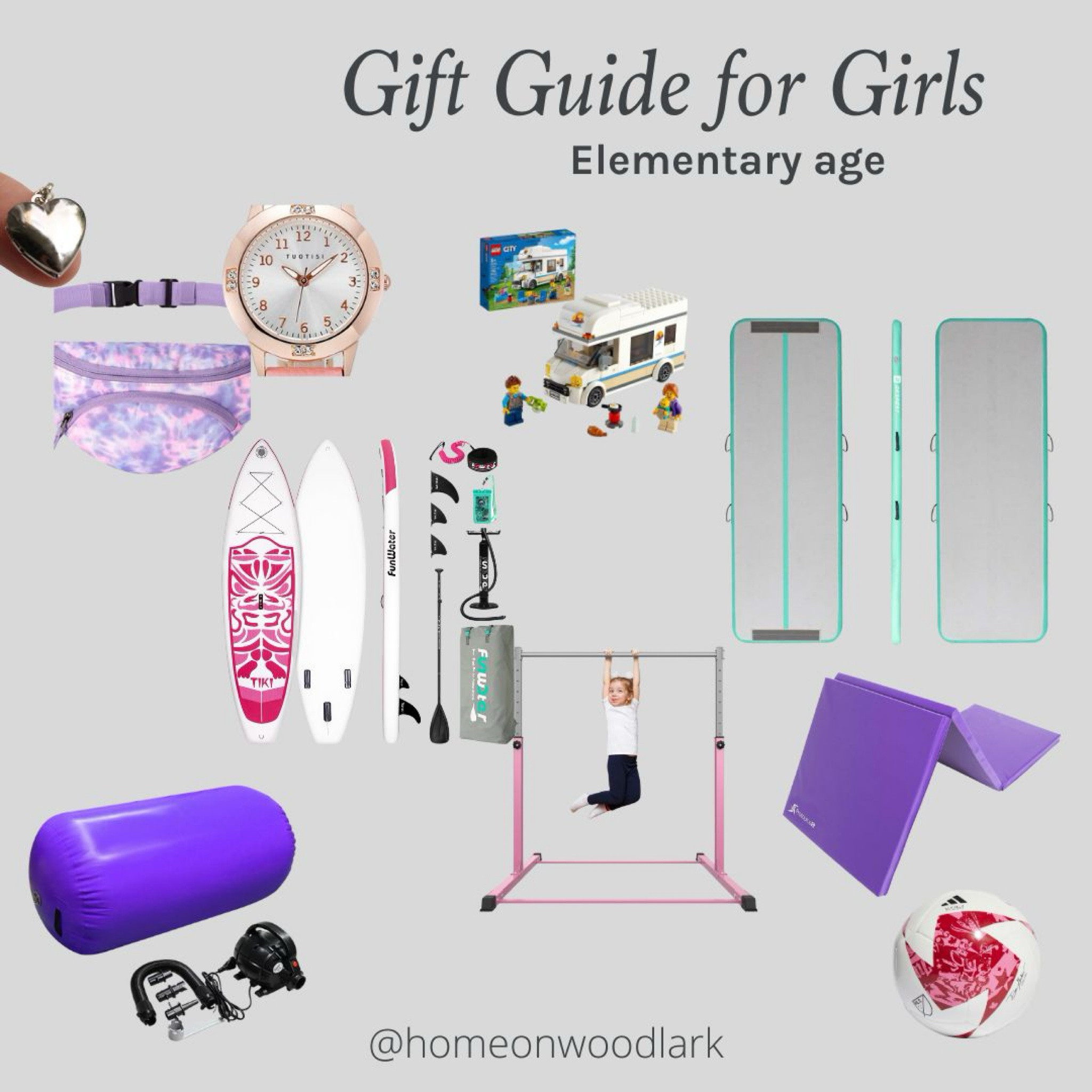 My daughter loves to be active and has a little gymnastics area in our basement.  Here are some gift ideas for elementary aged girls.  

Gymnastics mat, gymnastics bar and dance bar.  Inflatable paddle board.  Fanny pack girls.  Silver heart necklace.  Pink watch.  Pink soccer ball.  Motor home Lego.  

#LTKCyberWeek #LTKkids #LTKGiftGuide