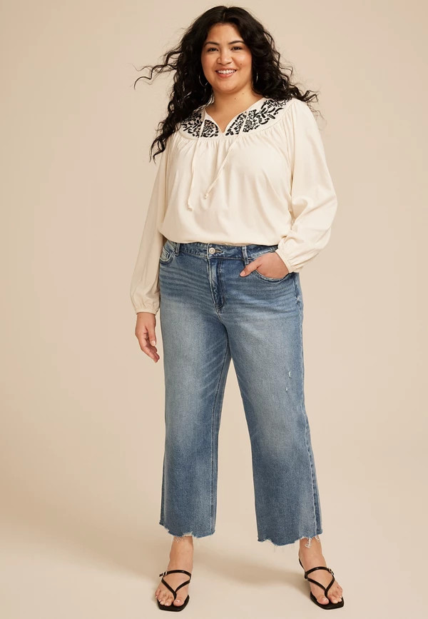 Plus Size Flying Monkey™ High Rise Fray Hem Wide Leg Jean | Maurices