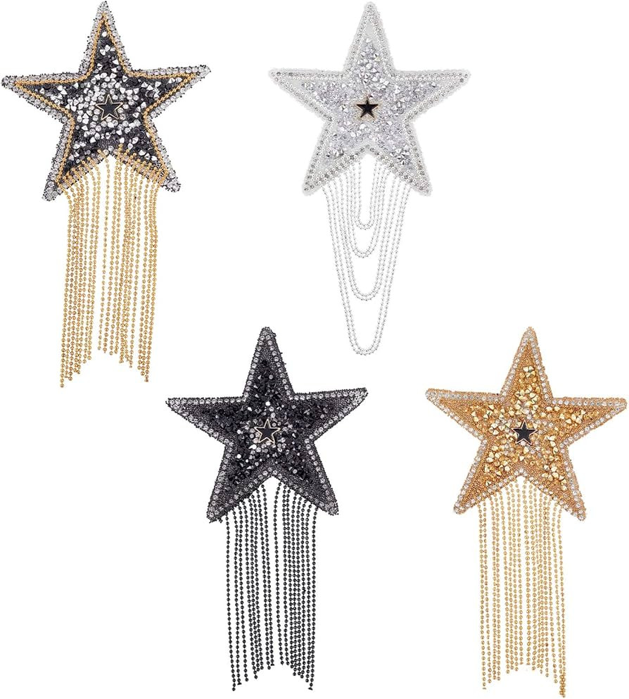 FINGERINSPIRE 4 Colors Rhinestone Star Patche Iron on Patches with Chains Tassel Sparkling Clothe... | Amazon (US)