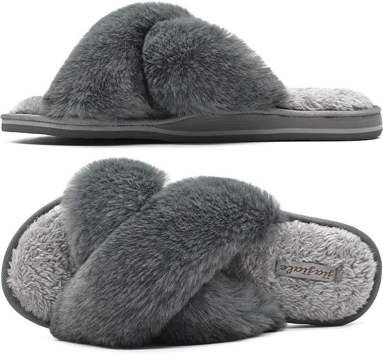 Amazon.com | Womens Fluffy Cross Band Slippers, Ladies Arch Support Fuzzy Plush Slides Slippers, ... | Amazon (US)
