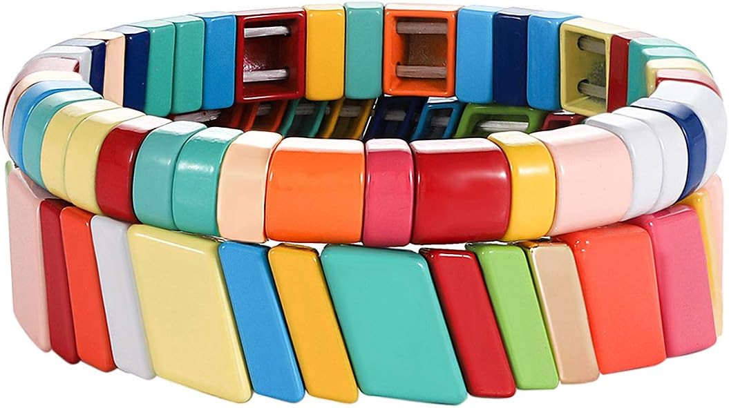 4PCS Rainbow Enamel Tile Bracelets for Women Multicolored Tile Bead Stretch Bracelets Set Stackab... | Amazon (US)