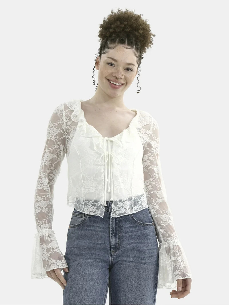 No Boundaries Cascade Ruffle Tie Front Lace Top with Bell Sleeves, Women's | Walmart (US)