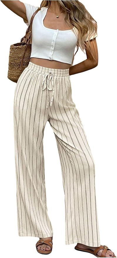MakeMeChic Women's Striped High Waist Pants Tie Front Drawstring Wide Leg Trousers | Amazon (US)