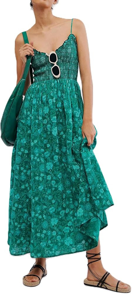 Women Summer Dresses Flowy Smocked Maxi Dress Sleeveless Tie Shoulder Boho Dresses Y2K Floral Bea... | Amazon (US)