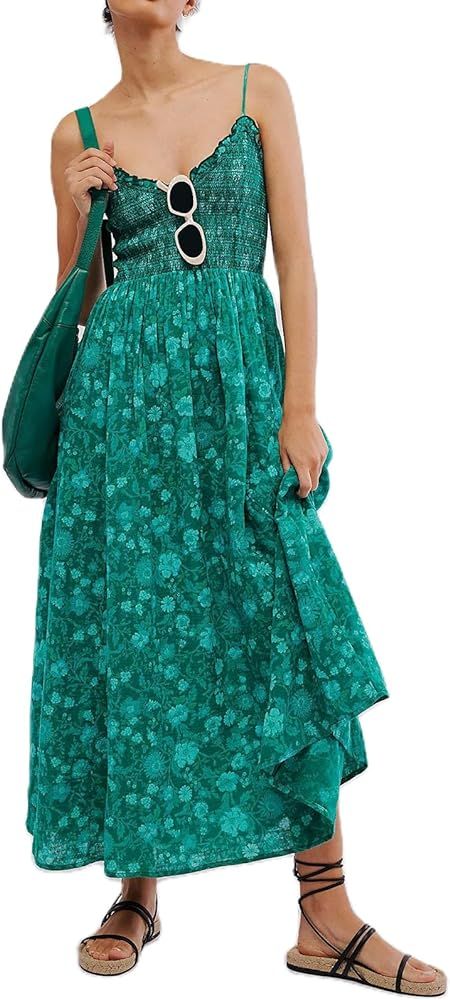 Women Summer Dresses Flowy Smocked Maxi Dress Sleeveless Tie Shoulder Boho Dresses Y2K Floral Bea... | Amazon (US)