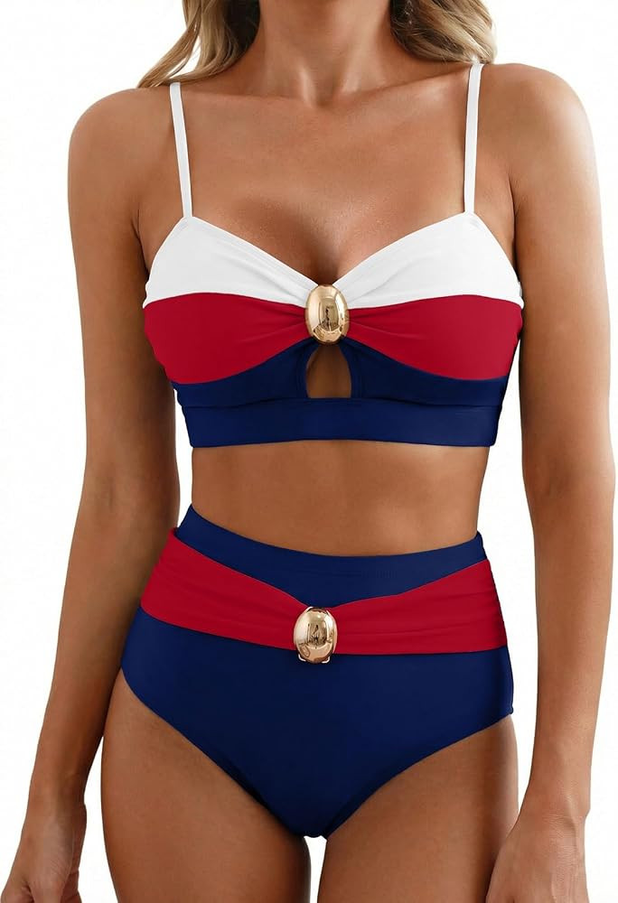 Women's 2 Piece Colorblock Bikini Sets Oval Metal Cutout Swimsuit High Waisted 2026 Beach Summer ... | Amazon (US)
