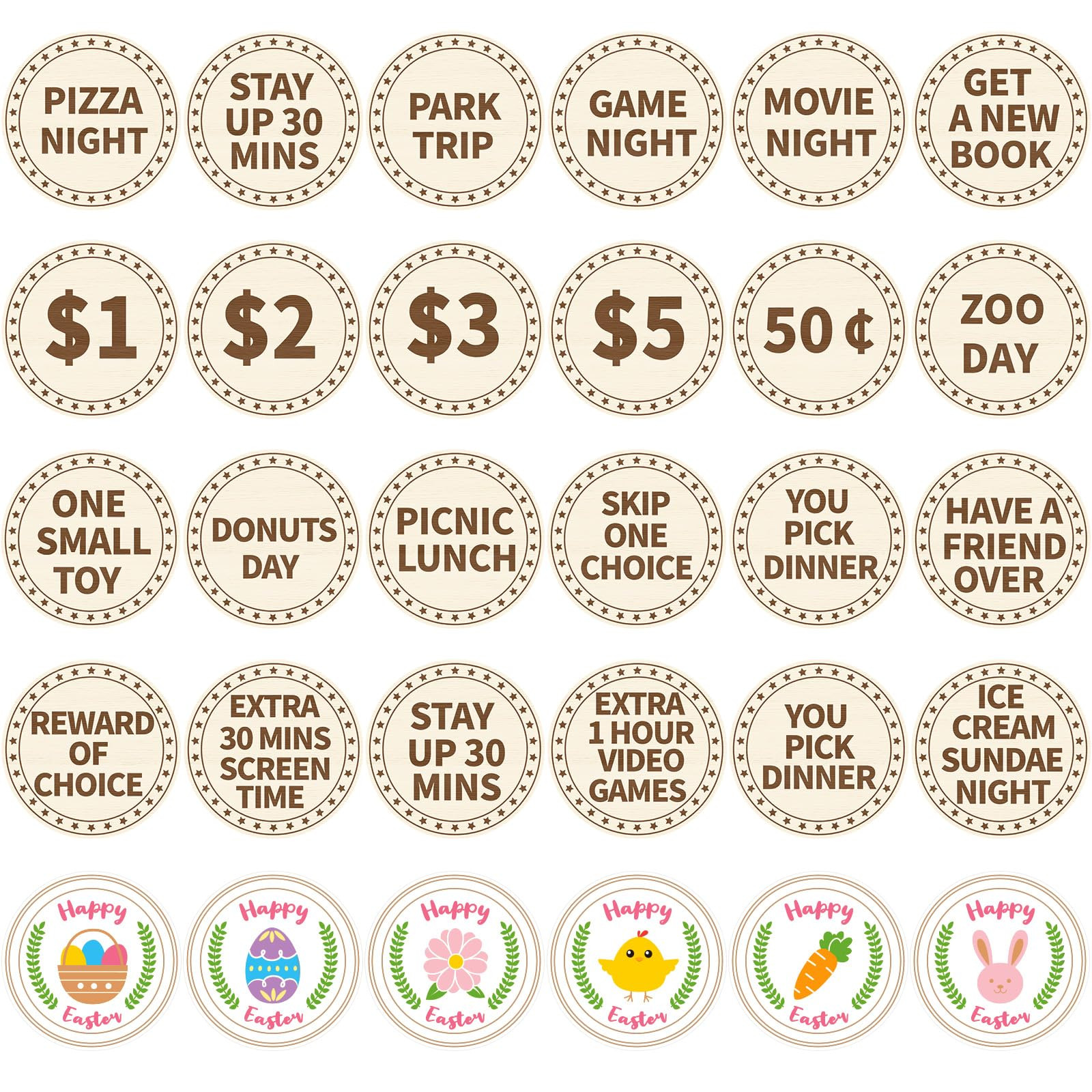 Jansun 24PCS Wooden Easter Egg Tokens, Easter Egg Coins, Double Sided Colorful Painted Engraved F... | Amazon (US)