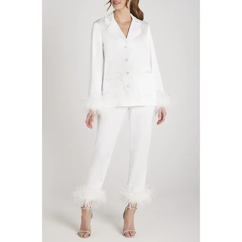 NADINE MERABI Darcie Ostrich Feather Pajamas in White at Nordstrom, Size 4 | Nordstrom