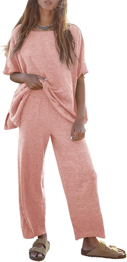 Tankaneo Women's 2 Piece Travel Outfits Casual Short Sleeve Knit Sweater Set Wide Leg Pants Loung... | Amazon (US)