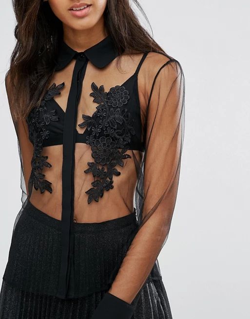 Fashion Union Tall Sheer Contrast Detail Blouse With Applique Floral Detail | ASOS US