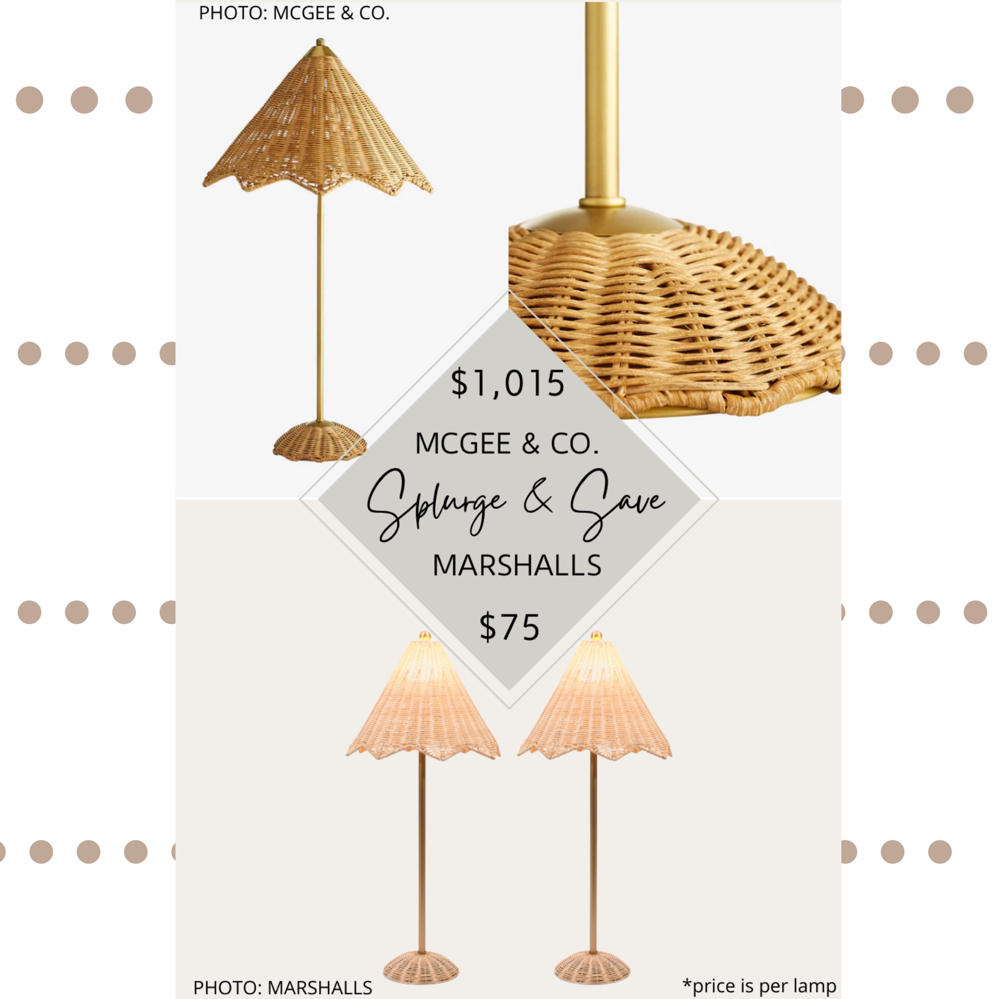 When it comes to elevating your home decor, lighting can make all the difference. Throw in some wicker texture and a whimsical shape, and you’ve got yourself a versatile light that can be styled in a variety of homes. I have three stylish and functional rattan table lamps on three different budgets for you: the McGee and Co. Parasol Lamp, the Marshalls Lillian August Set Of 2 Scalloped Rattan Table Lamps, and the Target Table Lamp with Tapered Rattan Shade Gold - Threshold x Studio McGee 💡 McGee and Co. Parasol lamp dupe. McGee and Co. Dupes. McGee and Co. Looks for less. Studio McGee dupes. McGee and Co. Lighting. Modern traditional lamps. Transitional lamps. Wicker table lamp. Wicker floor lamp. Scalloped wicker lamp. Budget decor. Marshalls finds. TJ max finds. Studio McGee Target. Studio McGee Target lamp. Parasol lamp. Scalloped lamp. Amber Interiors dupe. Amber interiors lamp dupe. #dupe #lookforless #studiomcgee #mcgeeandco #amberinteriors #decor #homedecor #lighting #light #bedroom #bedsidetable #targetfinds #target #targethome. Target home decor. Target finds. Target home finds

#LTKsalealert #LTKunder100 #LTKhome