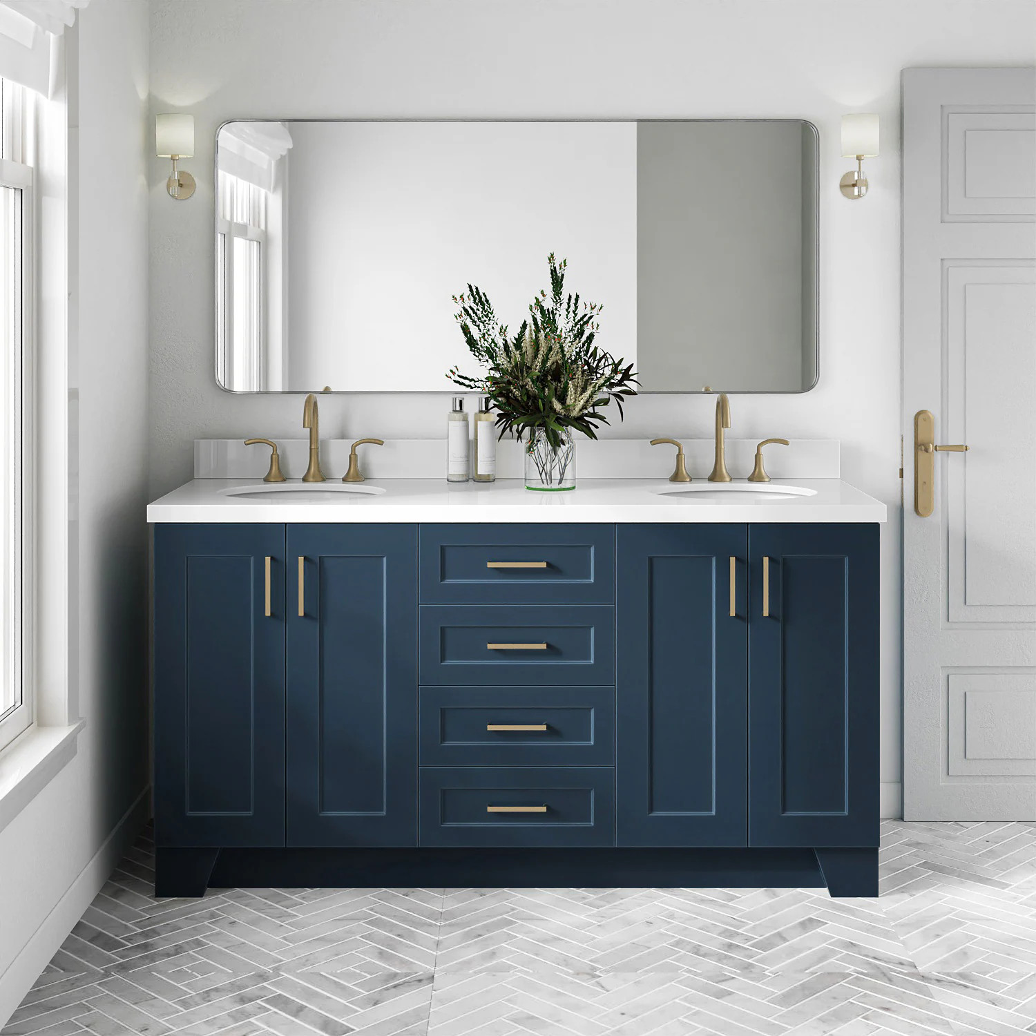 ARIEL Taylor 66-in Midnight Blue Undermount Double Sink Bathroom Vanity with Pure White Quartz Quartz Top one_size | Q067DWQOVOMNB | Lowe's