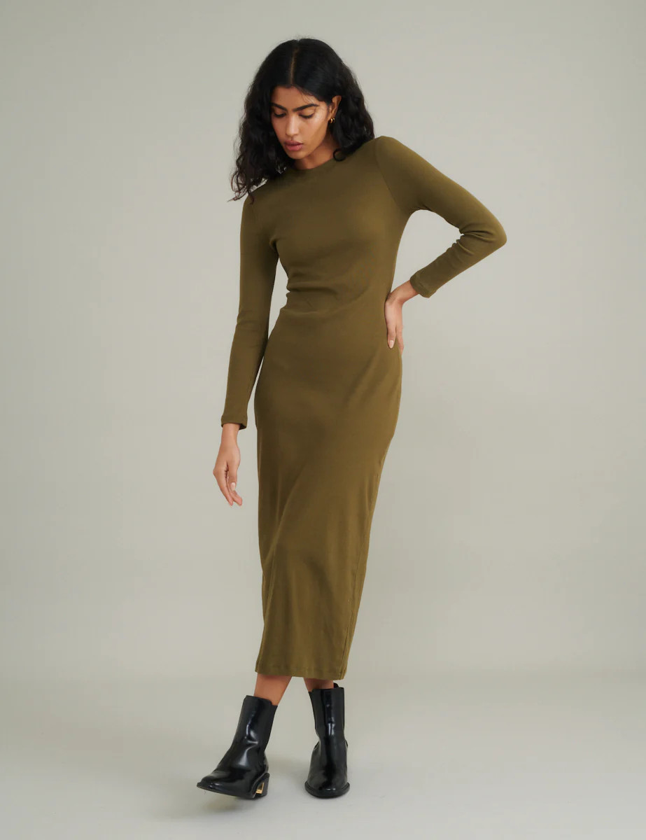 Khaki Green Long Sleeve Jersey Midi Dress | Nobody's Child