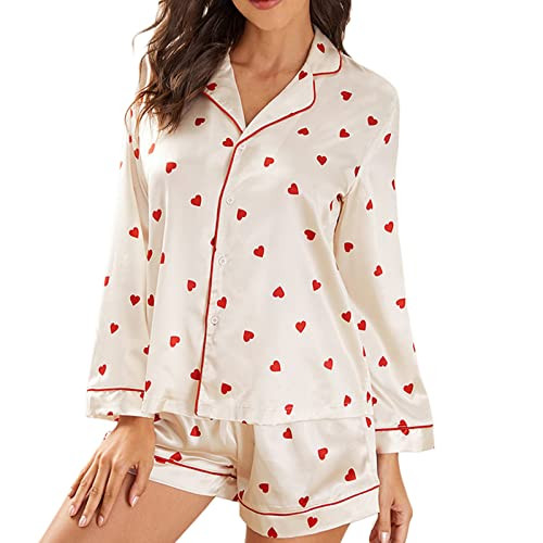 Womens Cute 2 Peice Pajamas Long Sleeve Shirt Shorts Heart Pjs Sleepwear Heart Beige L | Amazon (US)
