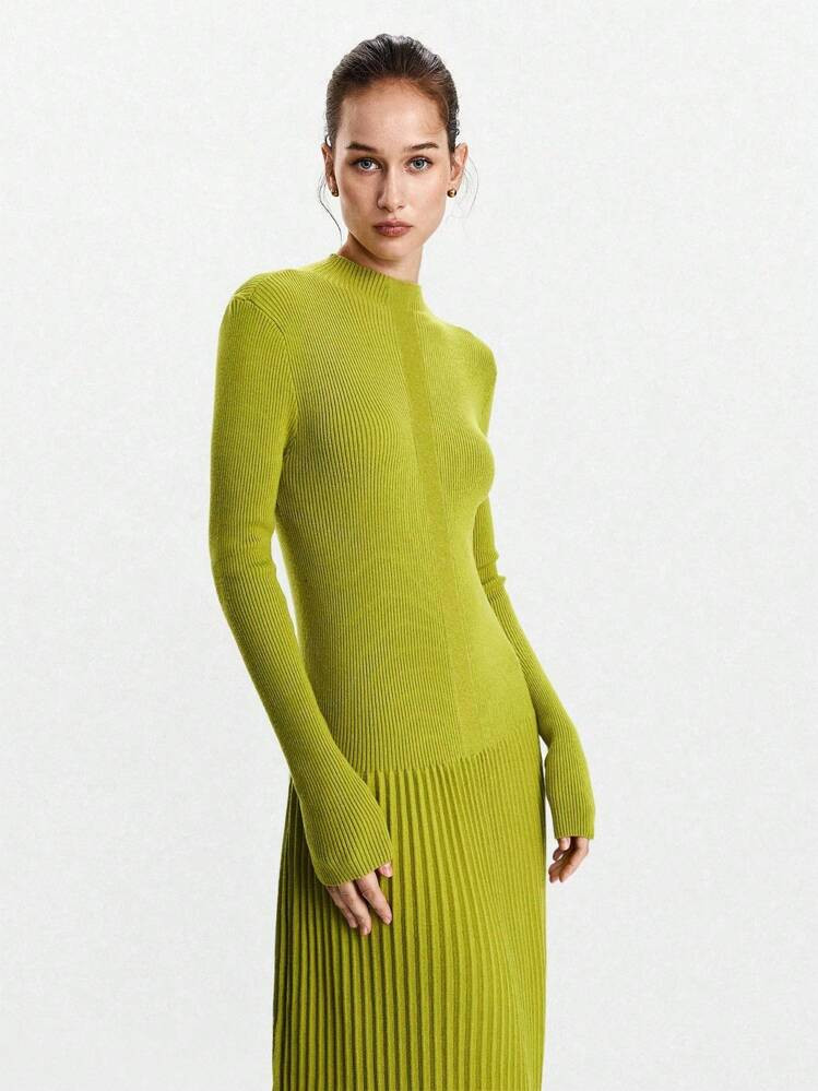 Lumivelle Women's Solid Color Minimalist Long Sleeve High Neck Pleated Dress Fall Winter Cloth For Women | SHEIN