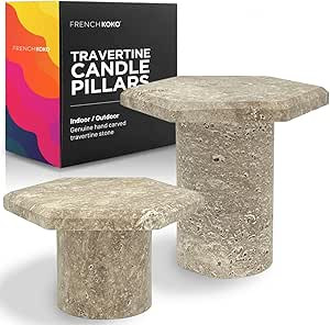 French KOKO 2-Piece Travertine Stone Pillar Candle Holder Set of 2 Pillar Candle Decor Candles St... | Amazon (US)