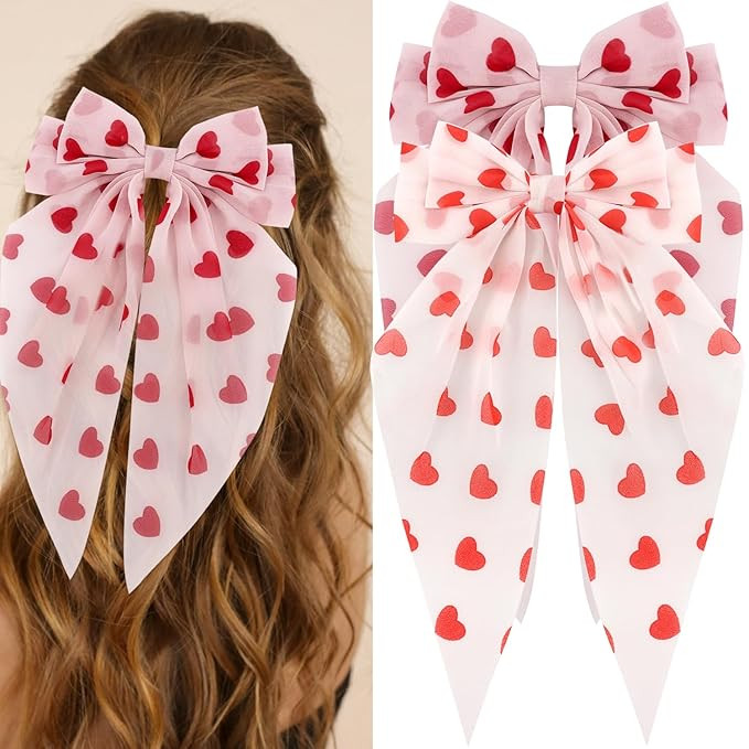 Atoden Valentines Hair Bows for Women 2Pcs Chiffon Long Tail Large Bow Hair Clips with Red Heart ... | Amazon (US)