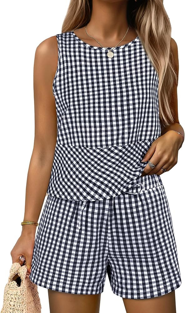 ANRABESS Womens 2 Piece Outfits Striped Summer Casual Sleeveless Tank Top Matching Shorts Lounge ... | Amazon (US)